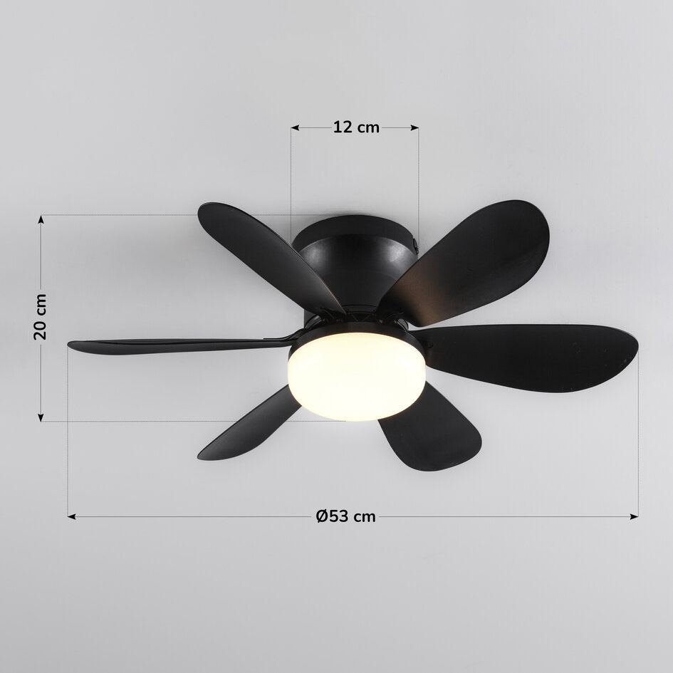 Czarny wentylator sufitowy ściemnialny z  LED-ami o zmiennej temperaturze barwowej - Swift