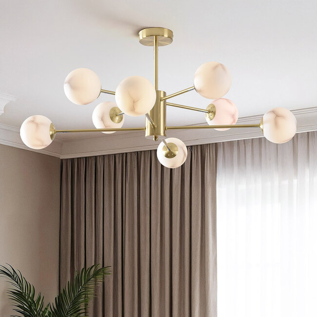 Design piaskowo-złota lampa sufitowa z kulami o wyglądzie marmuru, 8-światła - Idaho