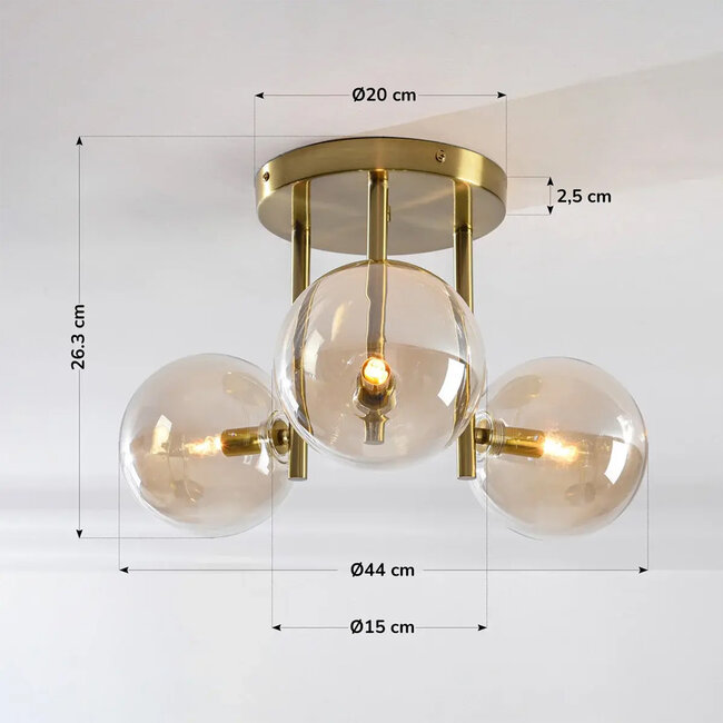 3 światła lampa sufitowa Elora mosiądz ze szkłem koniakowym