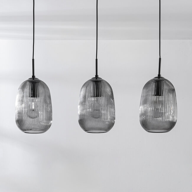 Nowoczesna lampa wisząca Melora z żebrowanym szkłem dymionym, 3 światła