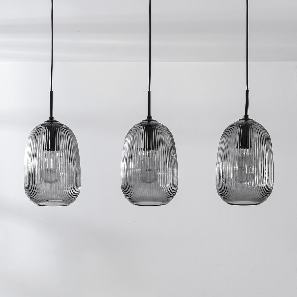 Nowoczesna lampa wisząca Melora z żebrowanym szkłem dymionym, 3 światła