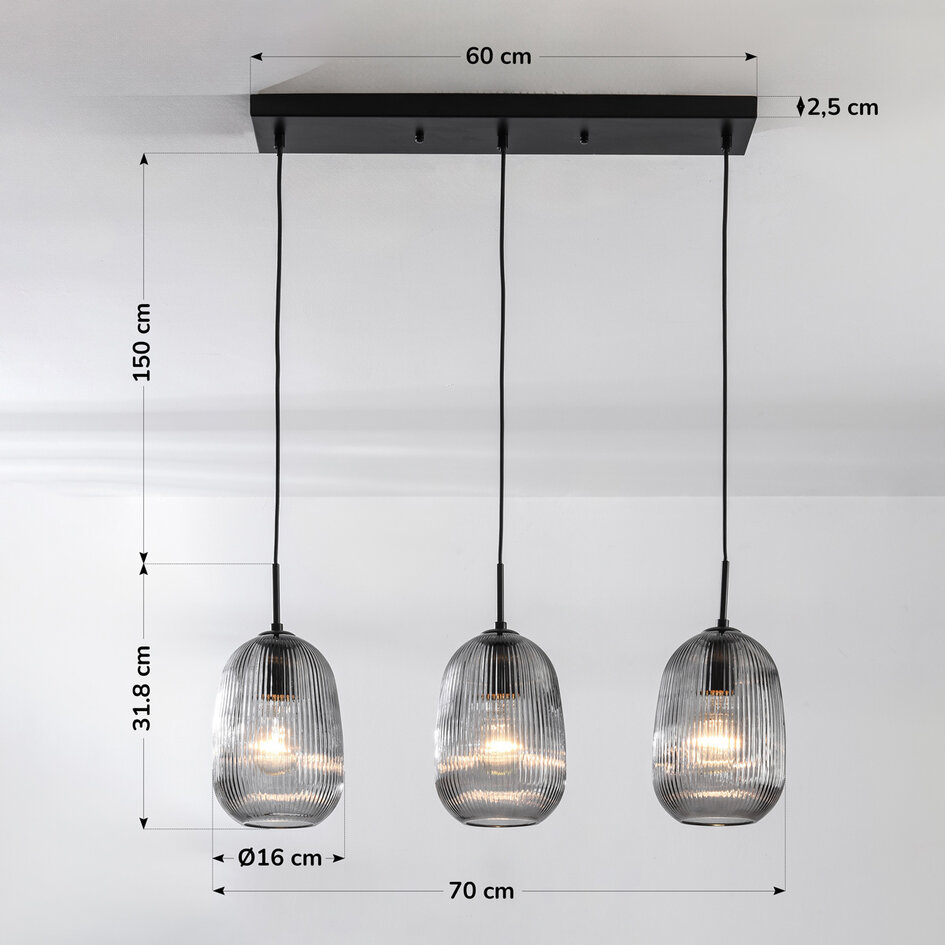 Nowoczesna lampa wisząca Melora z żebrowanym szkłem dymionym, 3 światła