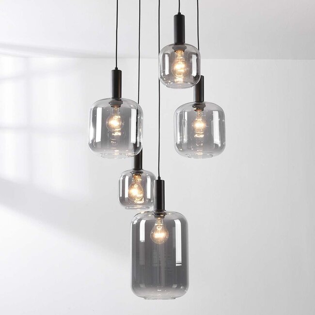 Lampa wisząca Rustique 5 światła z przydymionym szkłem i czarną oprawą