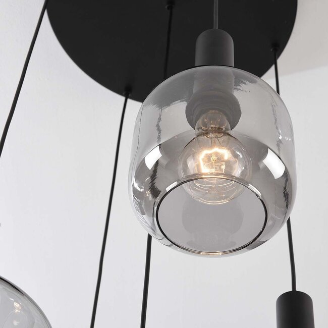 Lampa wisząca Rustique 5 światła z przydymionym szkłem i czarną oprawą