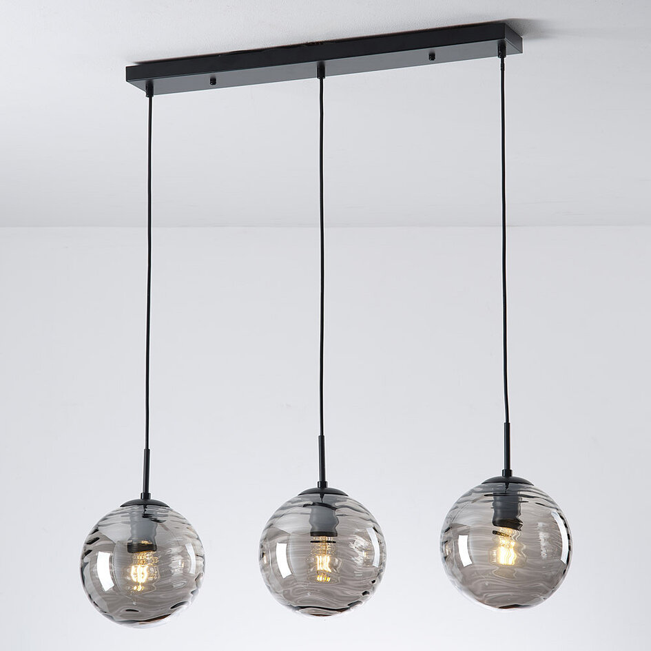 Nowoczesna lampa wisząca czarna z falistym szkłem przydymionym 3D, 3 światła - Carice