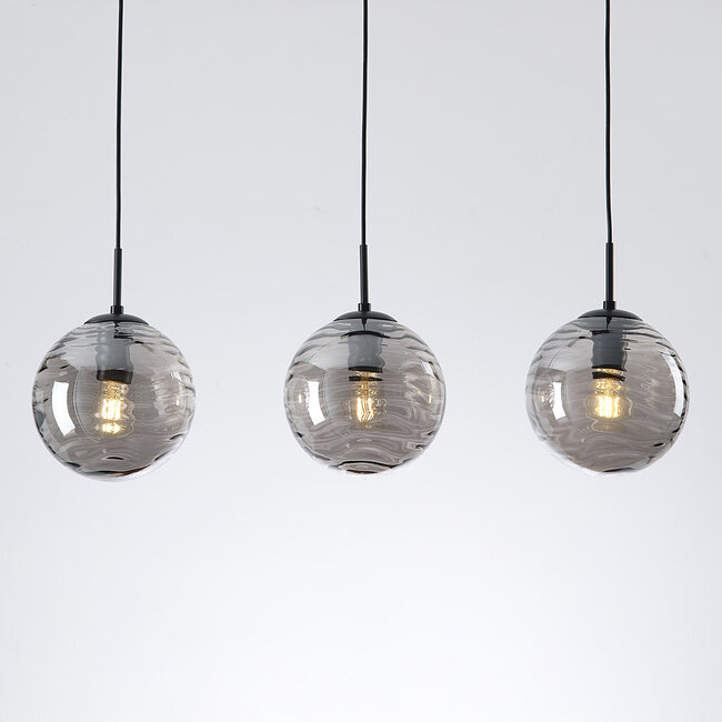 Nowoczesna lampa wisząca czarna z falistym szkłem przydymionym 3D, 3 światła - Carice