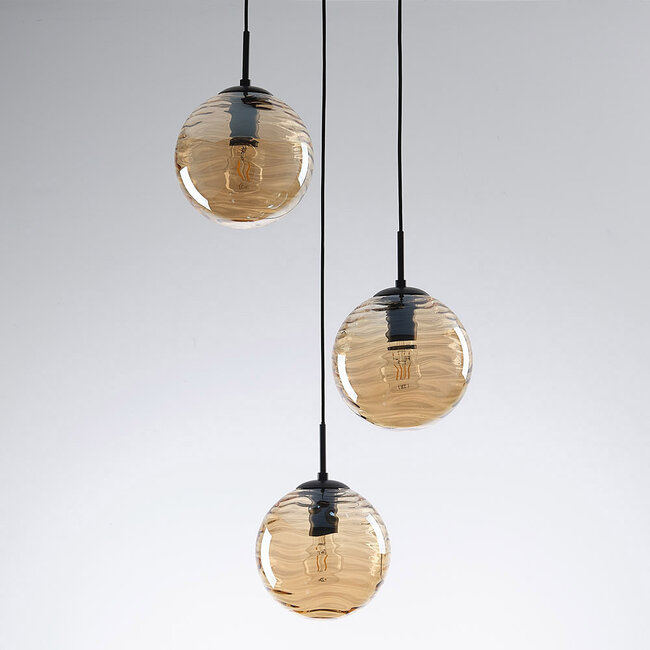 Design lampa wisząca czarna z falistym szkłem bursztynowym 3D, 3 światła - Eflin