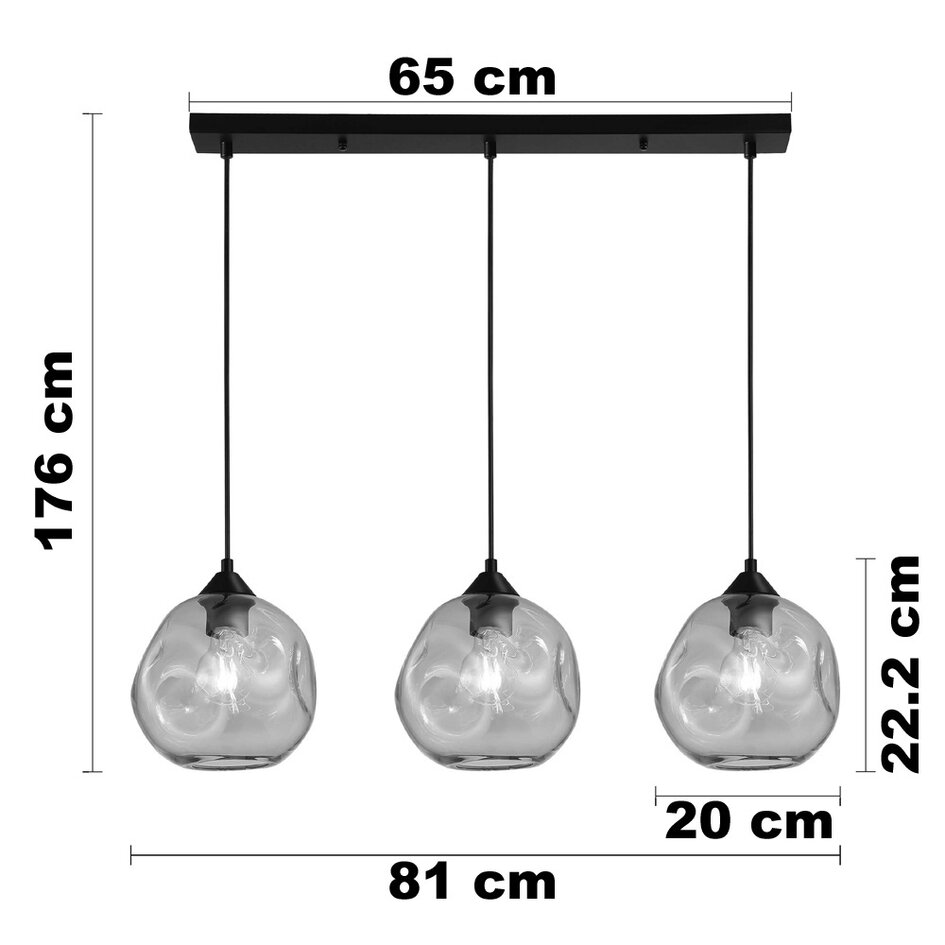 3 światła lampa wisząca Fayen czarna z falistym szkłem dymionym