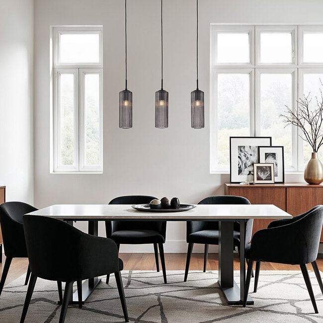 Retro lampa wisząca czarna z żebrowanym szkłem dymionym, 3 światła - Giove