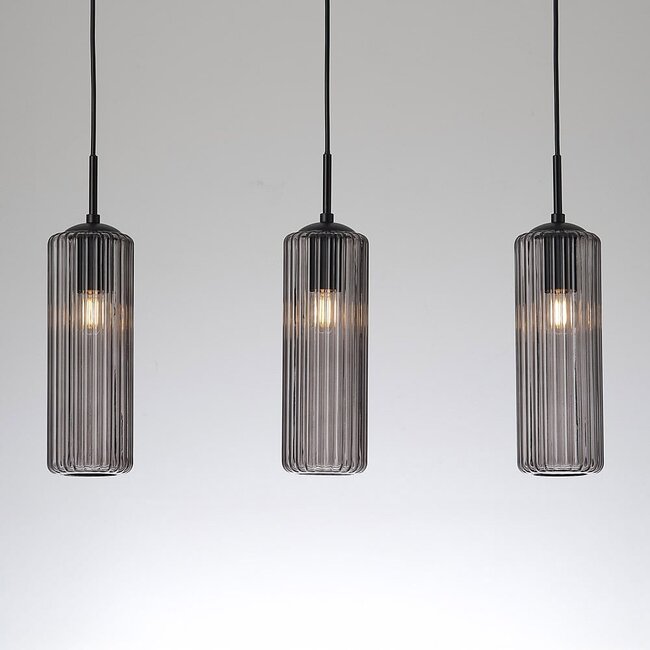 Retro lampa wisząca czarna z żebrowanym szkłem dymionym, 3 światła - Giove
