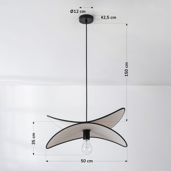 Design lampa wisząca Sapca, biały len z czarnymi akcentami