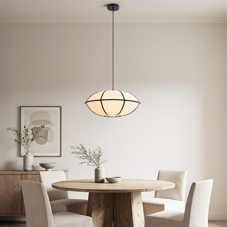 Minimalistyczna lniana lampa wisząca Ovala - biała z czarnymi akcentami