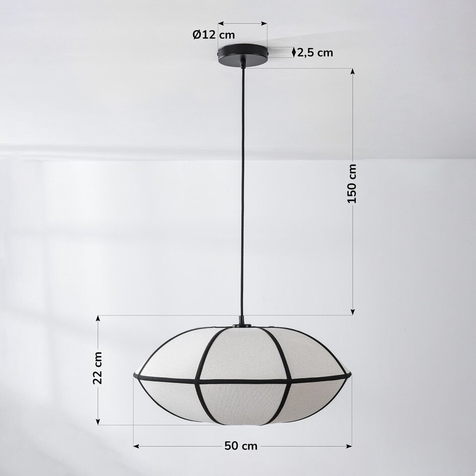 Minimalistyczna lniana lampa wisząca Ovala - biała z czarnymi akcentami