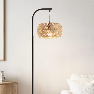 Japandi lampa podłogowa Sora czarna z naturalnym kloszem