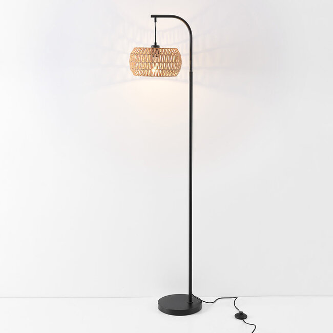 Japandi lampa podłogowa Sora czarna z naturalnym kloszem