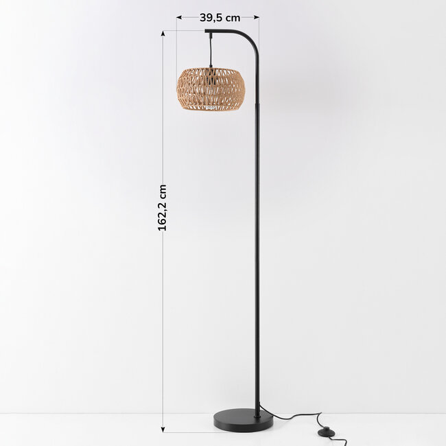 Japandi lampa podłogowa Sora czarna z naturalnym kloszem