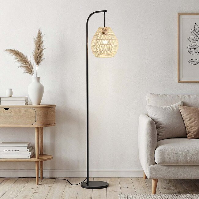 Lampa łukowa Lys czarna z naturalnym kloszem