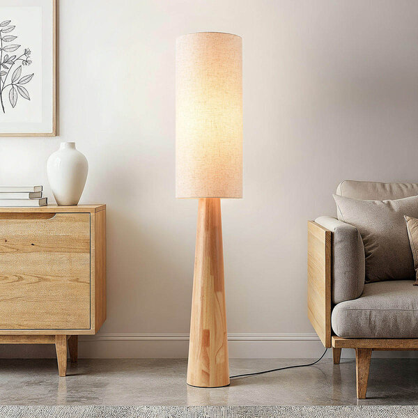 Drewniana lampa podłogowa Haku z materiałowym kloszem - kremowa