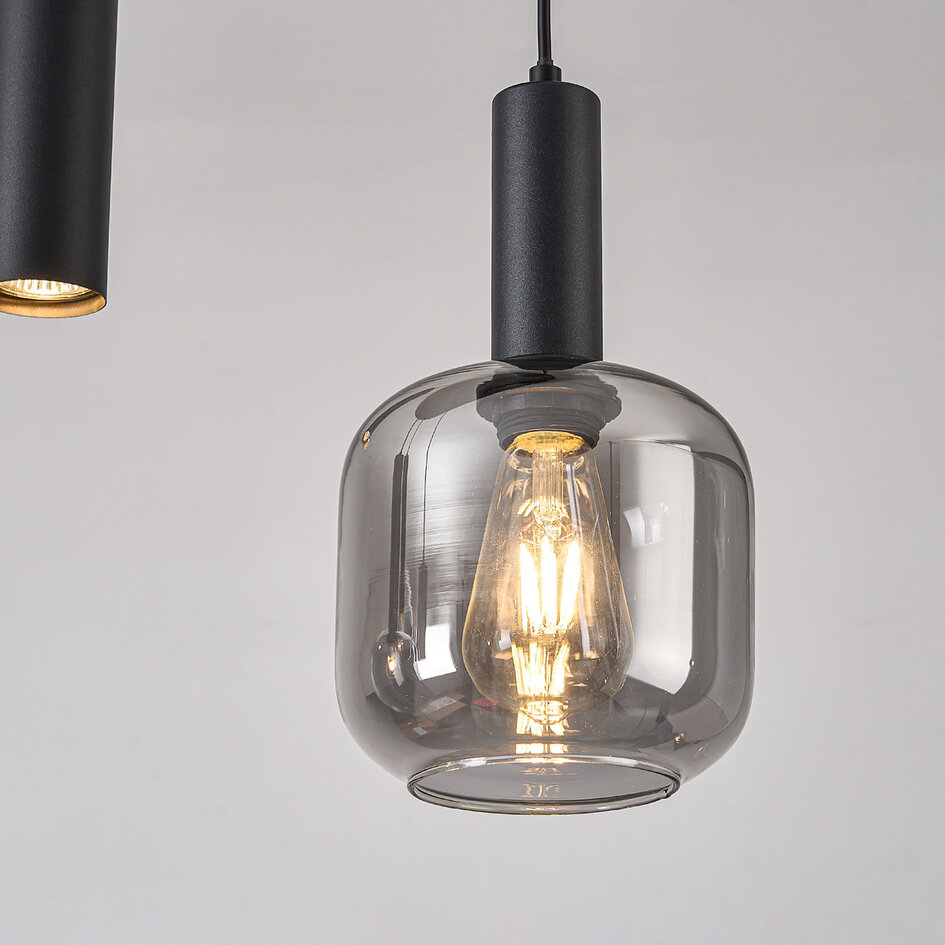 Nowoczesna lampa wisząca Yoku czarna ze szkłem dymionym, 5 światła