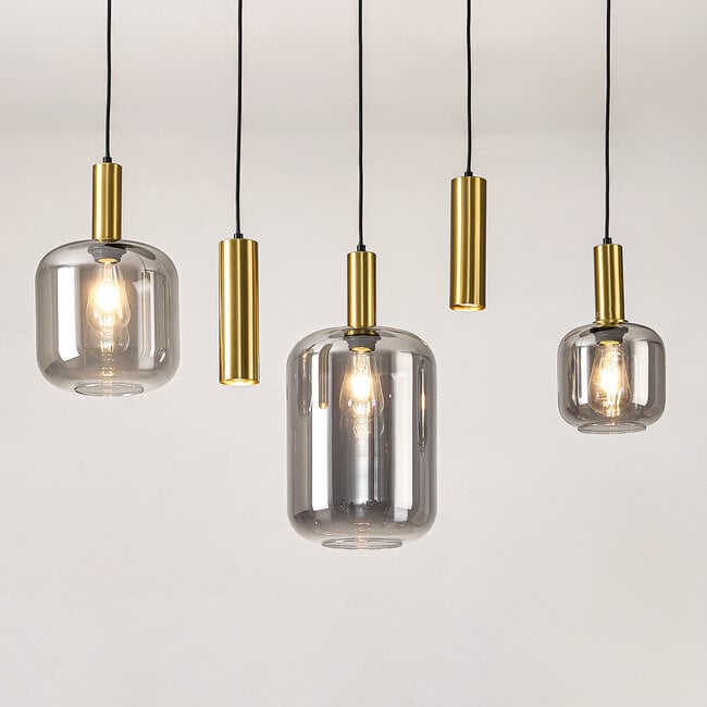 Lampa wisząca Yoku ze szkłem dymionym i mosiężno-złotymi detalami, 5 światła