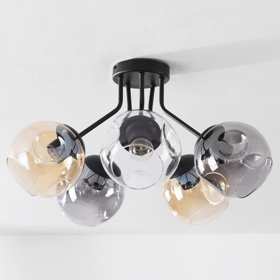 Lampa sufitowa Ljus z 5 szklanymi kulami – szkło przydymione, bursztynowe i przezroczyste
