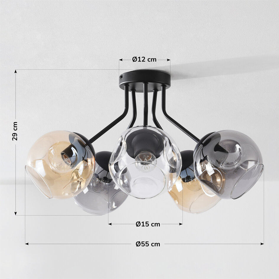 Lampa sufitowa Ljus z 5 szklanymi kulami – szkło przydymione, bursztynowe i przezroczyste