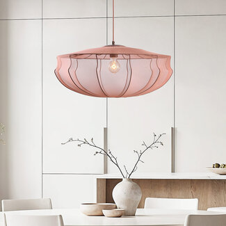 Japandi lampa wisząca Feronia z jasnoróżowym kloszem z tkaniny Ø60 cm