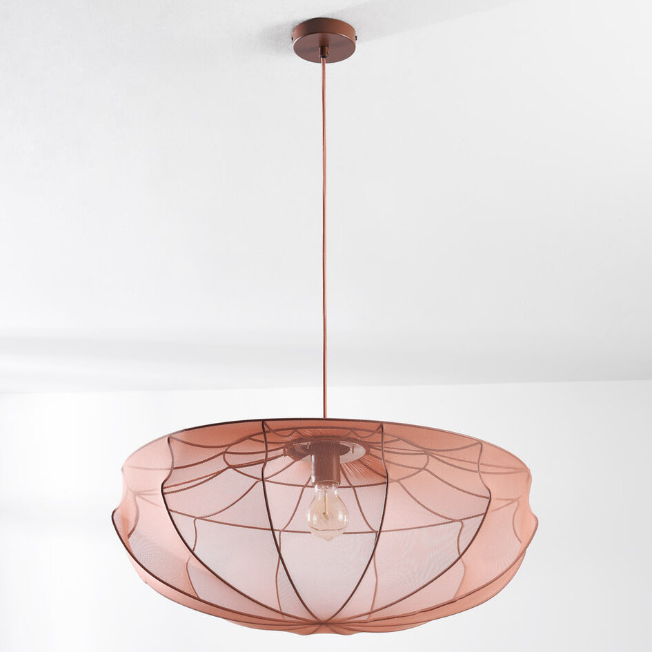 Japandi lampa wisząca Feronia z jasnoróżowym kloszem z tkaniny Ø60 cm