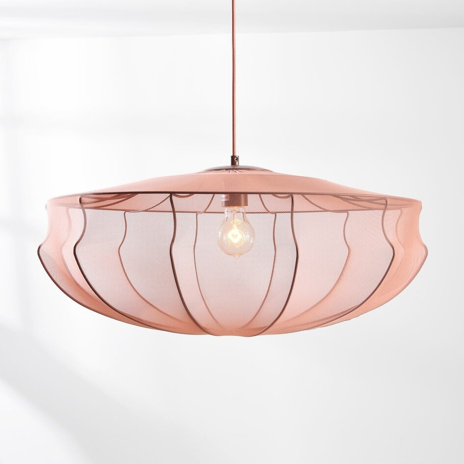 Japandi lampa wisząca Feronia z jasnoróżowym kloszem z tkaniny Ø60 cm