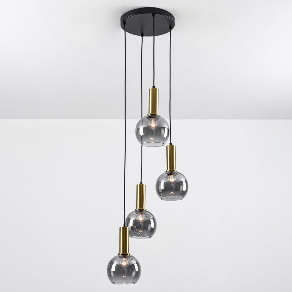 Design złota lampa wisząca ze szkłem dymionym, 4 światła - Imme