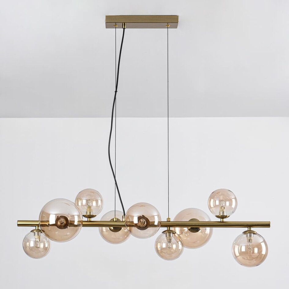Złoty design lampa wisząca ze szkłem bursztynowym, 9 światła - Ennea