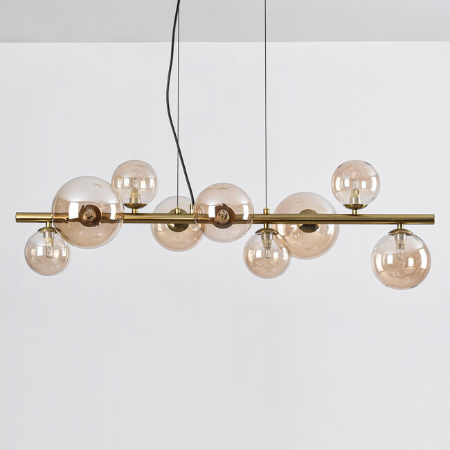 Złoty design lampa wisząca ze szkłem bursztynowym, 9 światła - Ennea
