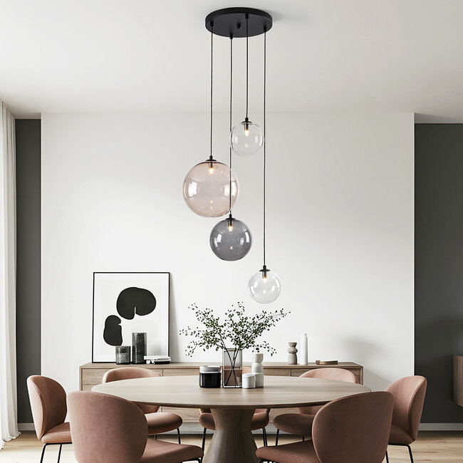 4-światła Design lampa wisząca Luminor z różnymi szklanymi kulami