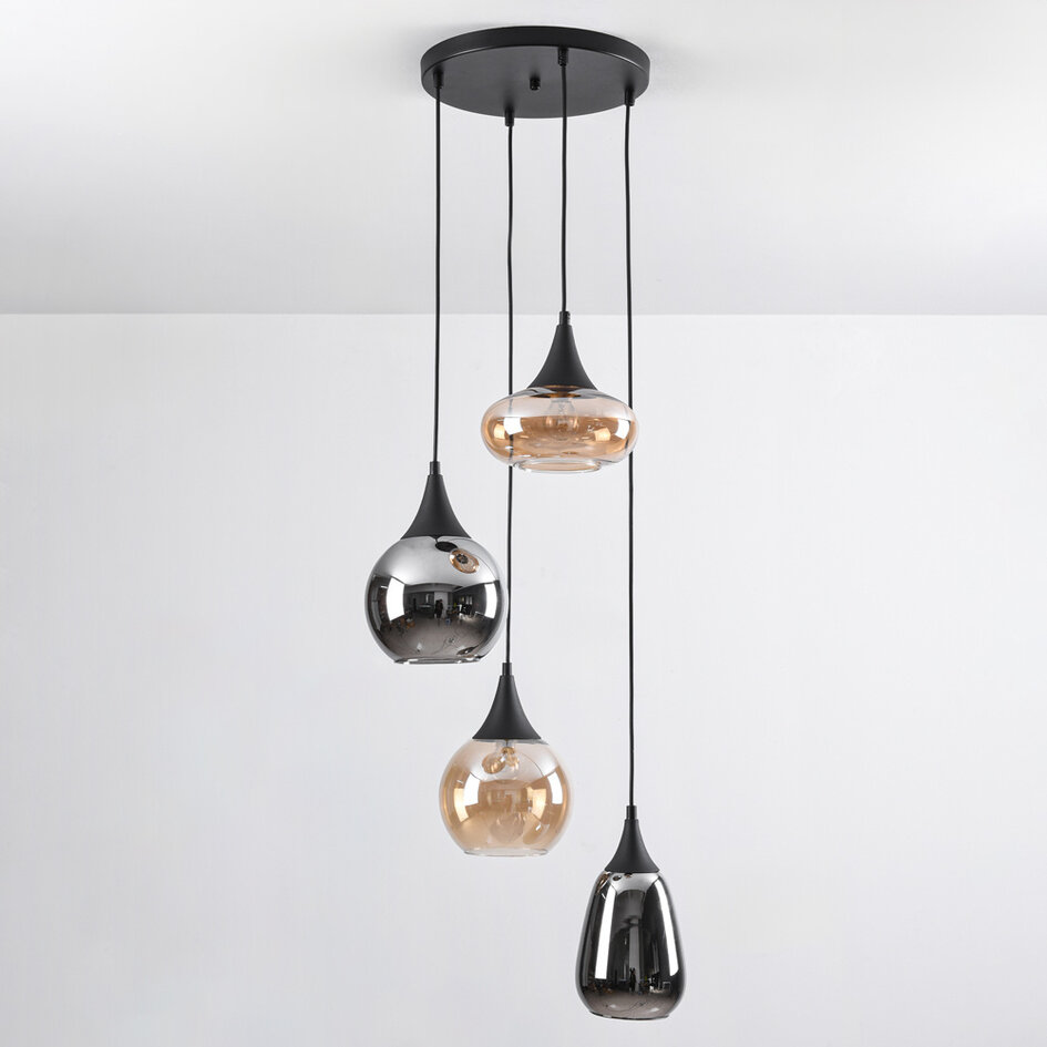 Lampa wisząca 4 światła czarna z bursztynowym i przydymionym szkłem - Loïs
