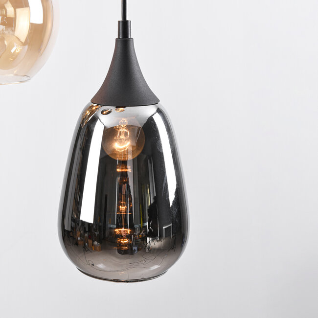 Lampa wisząca 4 światła czarna z bursztynowym i przydymionym szkłem - Loïs
