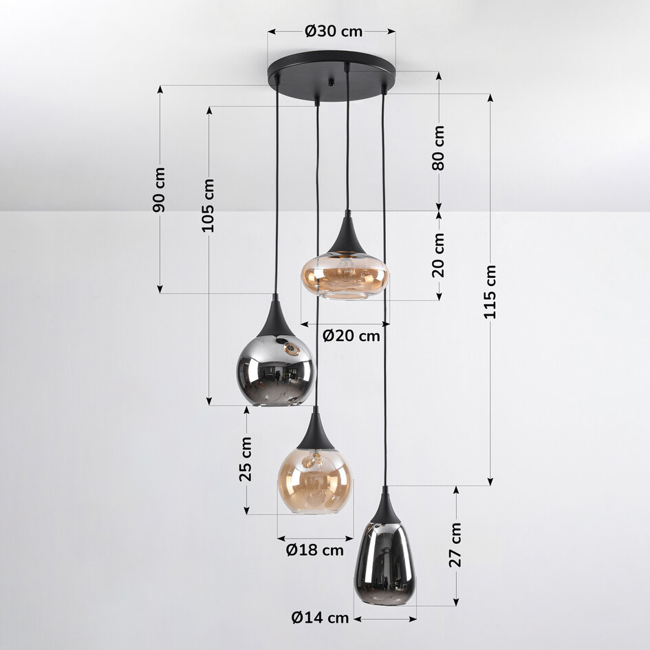 Lampa wisząca 4 światła czarna z bursztynowym i przydymionym szkłem - Loïs
