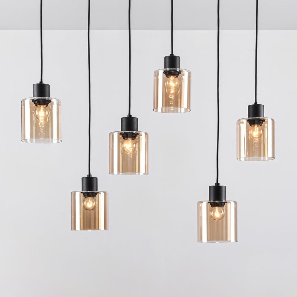 Czarna lampa wisząca Palaio ze szkłem bursztynowym, 6-światła