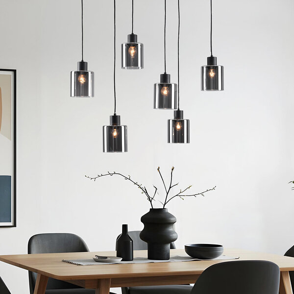 Czarna lampa wisząca Palaio ze szkłem dymionym, 6 światła