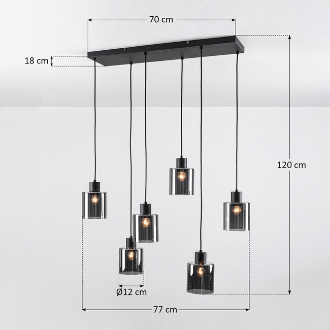 Czarna lampa wisząca Palaio ze szkłem dymionym, 6 światła