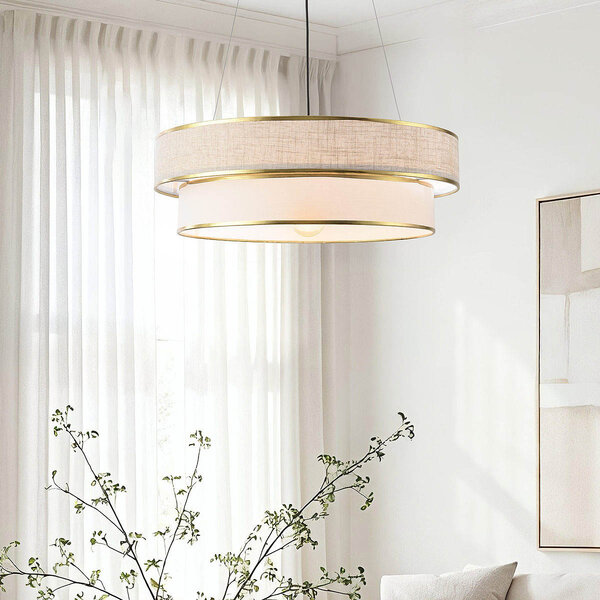 Nowoczesna lampa wisząca Koysi z tkaniny ze złotym wykończeniem