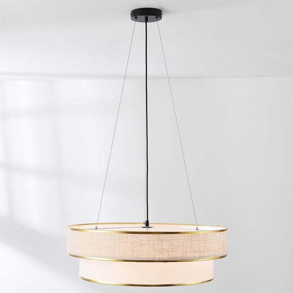 Nowoczesna lampa wisząca Koysi z tkaniny ze złotym wykończeniem