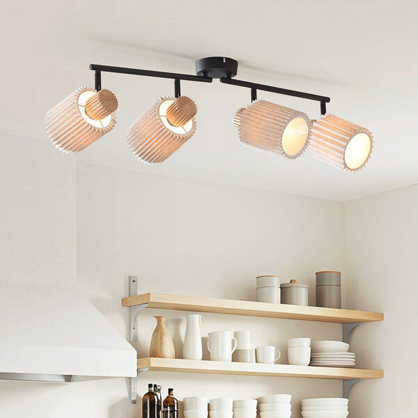 Czarna lampa sufitowa Noura z czterema obrotowymi reflektorami z beżowej tkaniny