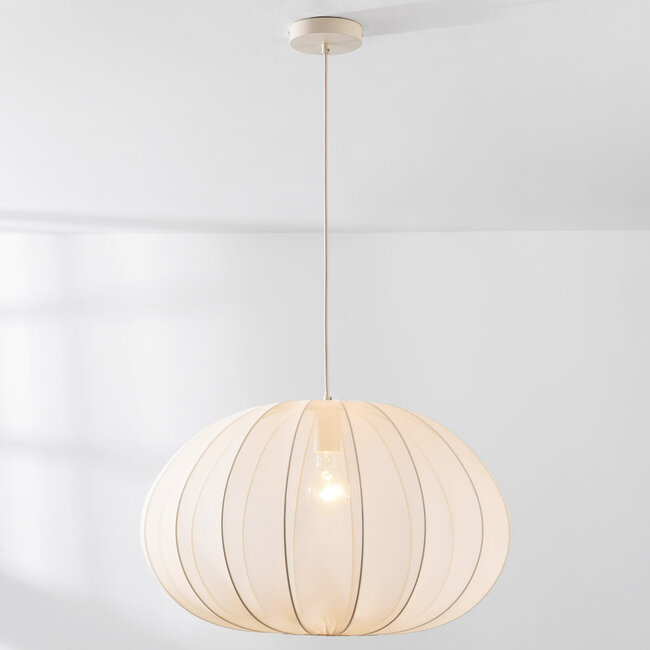 Japandi Lampa wisząca Fayra – okrągły klosz z jasnobeżowej tkaniny Ø60 cm