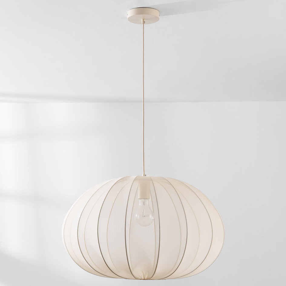 Japandi Lampa wisząca Fayra – okrągły klosz z jasnobeżowej tkaniny Ø60 cm