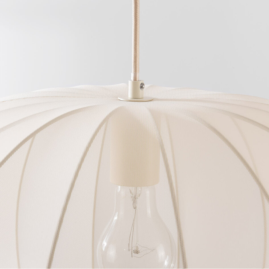 Japandi Lampa wisząca Fayra – okrągły klosz z jasnobeżowej tkaniny Ø60 cm