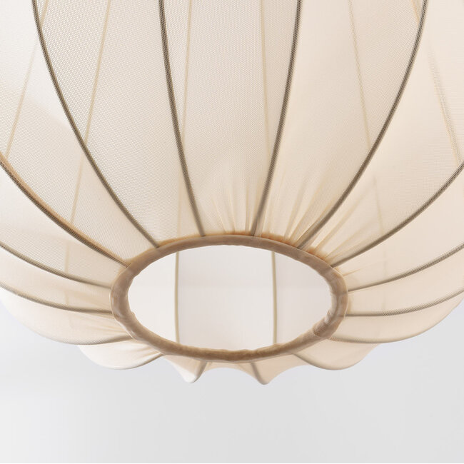 Materiałowa lampa wisząca Mousa – styl Japandi z kloszem w kształcie kropli w kolorze jasnobeżowym