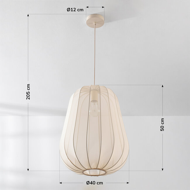 Materiałowa lampa wisząca Mousa – styl Japandi z kloszem w kształcie kropli w kolorze jasnobeżowym