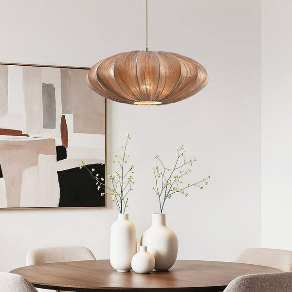 Lampa wisząca Creora – styl Japandi z tkaniny w kolorze ciepłego brązu