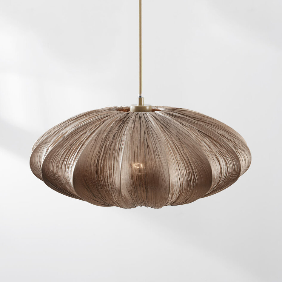 Lampa wisząca Creora – styl Japandi z tkaniny w kolorze ciepłego brązu