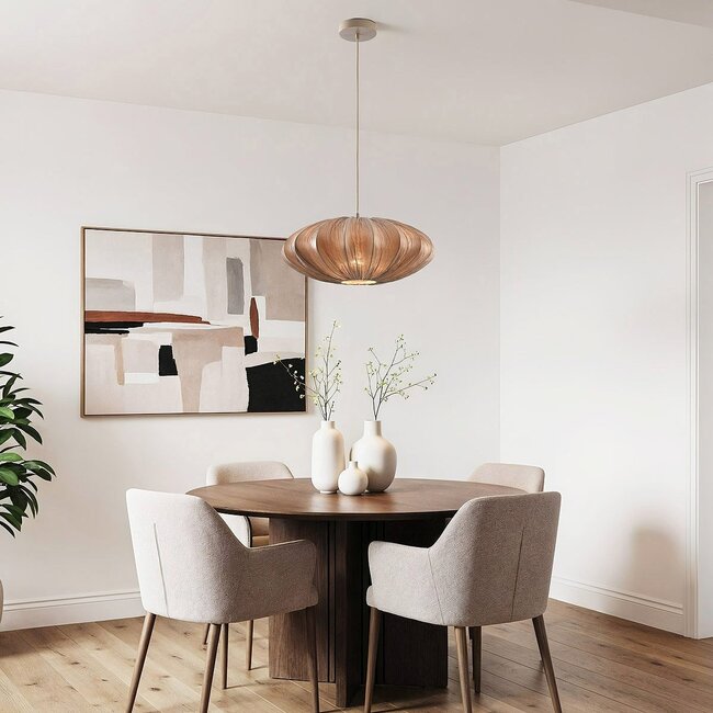 Lampa wisząca Creora – styl Japandi z tkaniny w kolorze ciepłego brązu